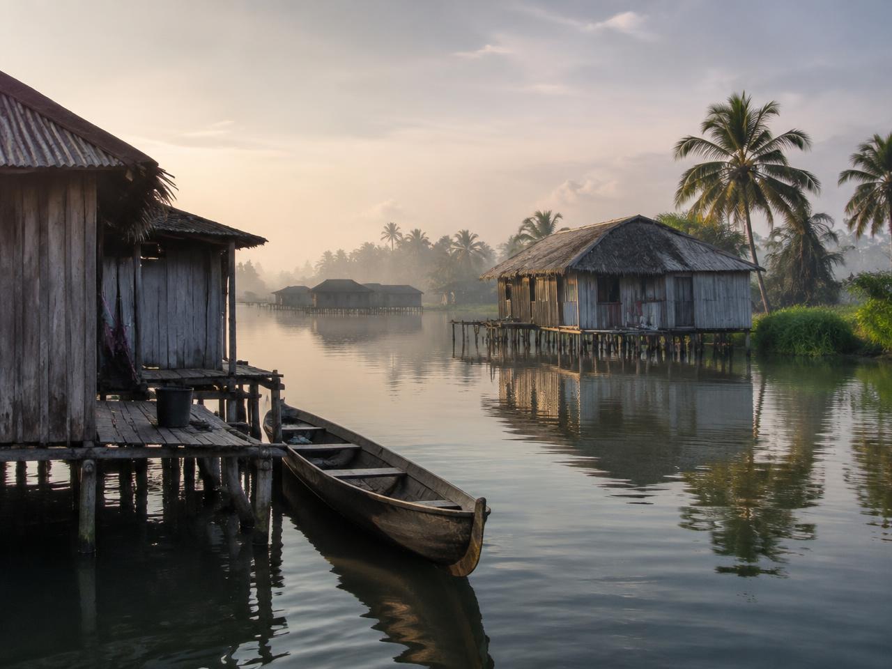 Illustration of the Nzulezo stilt village on Lake Amansuri (not the resort)